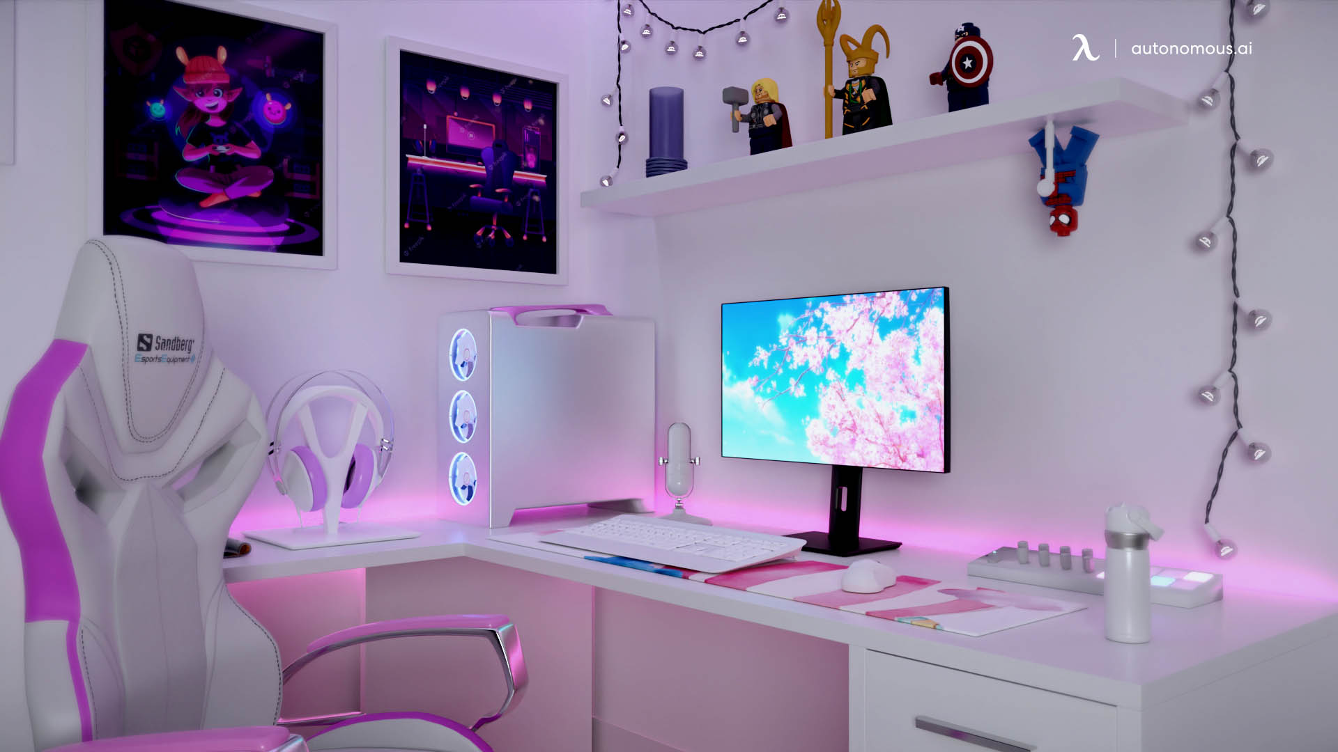 White and Pink gaming desk setup