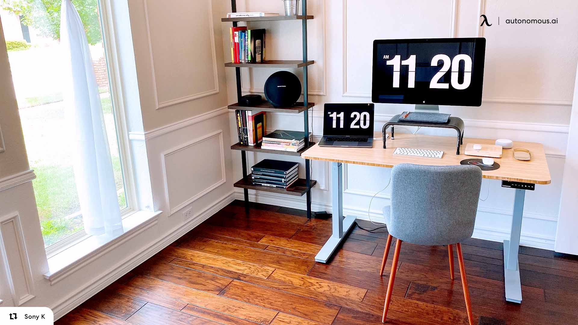 If your desk space is very limited, adding floating shelves for one or both monitor